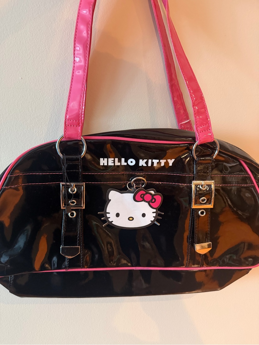 Hello Kitty Black Patent Shoulder Bag with Hot Pink Trim